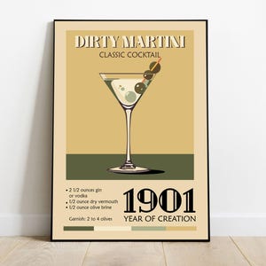 Póster de cóctel retro Dirty Martini: arte de pared imprimible, receta de bebida vintage, decoración de bar de mediados de siglo, descarga digital