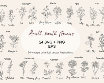Birth Month Flowers SVG Bundle: Botanical Clipart (Digital Download)
