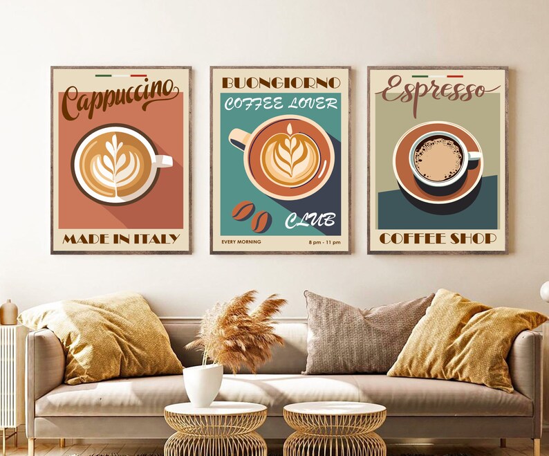 May include: Three vintage-style coffee shop posters with illustrations of coffee cups. The posters are framed in wood and have a red, white, and green Italian flag design. The posters feature the words "Cappuccino", "Buongiornio Coffee Lover Club", and "Espresso Coffee Shop".