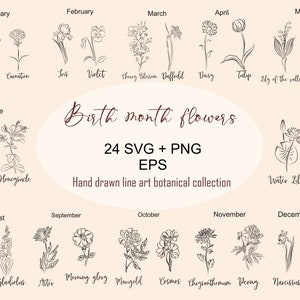 Bundle SVG fleurs mois de naissance, SVG de fleurs, clipart botanique, anniversaire de fleurs, svg de fleurs sauvages, clipart fleur, PNG