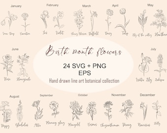 Birth Month Flowers SVG Bundle: Botanical Clipart (PNG, EPS)