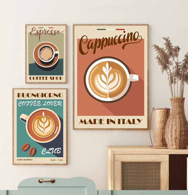May include: Three vintage-style coffee posters with illustrations of espresso, cappuccino, and latte art. The posters have a retro color scheme and feature the text "Espresso", "Cappuccino", "Buongiono Coffee Lover", "Made in Italy", and "Coffee Shop".