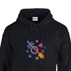 May include: Black hooded sweatshirt with a colorful geometric design on the front. The design features a circle with a line through it, a triangle, a plus sign, and other abstract shapes.