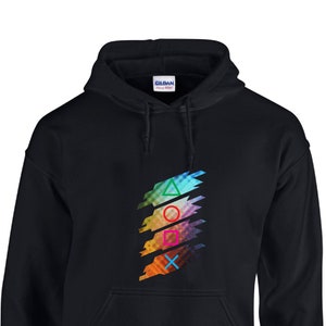May include: Black hooded sweatshirt with a colorful graphic of the PlayStation controller symbols on a ripped background.