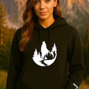 Wolf Forest Hoodie | Wilderness Nature Sweatshirt | Howling Wolf Silhouette Pullover | Outdoor Adventure Hoodie Gift for Him or Her