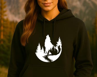 Wolf Forest Hoodie | Wilderness Nature Sweatshirt | Howling Wolf Silhouette Pullover | Outdoor Adventure Hoodie Gift for Him or Her