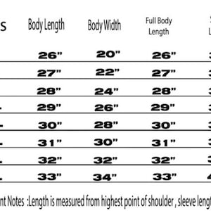 May include: Size chart for clothing with measurements in inches for body length, body width, full body length, and sleeve length. Sizes range from S to 5XL.