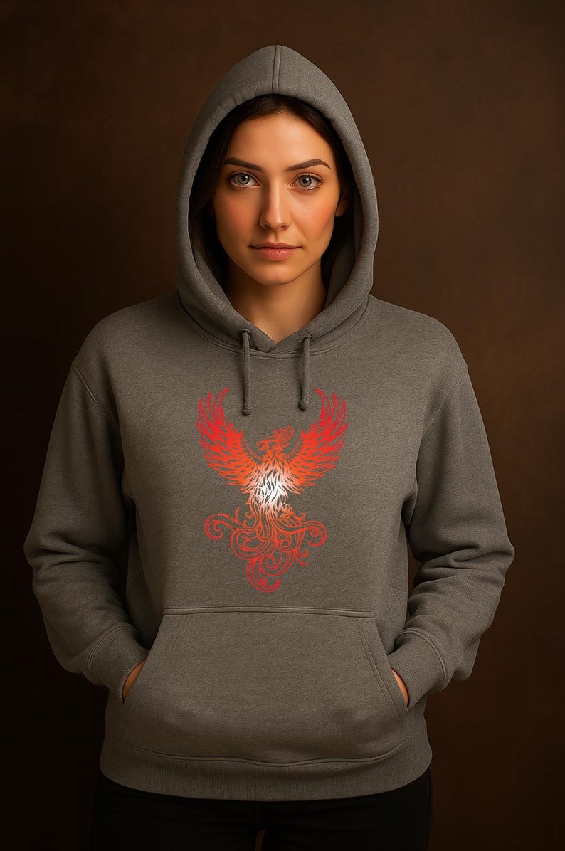 A woman wearing a dark gray hoodie stands confidently against a rich brown backdrop. The hoodie features a vibrant red and orange phoenix design on the front, with detailed feathering and swirling flames, symbolizing strength and rebirth. The hood is up, framing her face, and her hands are casually tucked into the front pocket. Her serious, direct gaze adds to the bold and empowering tone of the image.