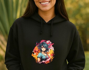 Anime Girl Hoodie with Fire Art | Gildan Heavy Blend Pullover | Otaku Streetwear Sweatshirt | Bold Graphic Gift for Anime Fans