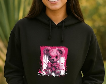 Cute Bear Gift Hoodie | Unique Graffiti Pullover | Handmade Streetwear Sweatshirt | Soft Cotton Plus Size Hoodie | Urban Art Style