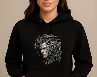 Cyberpunk Hoodie with Futuristic Face Design • Tech wear Hoodie for Men • Japanese Streetwear Cosplay Jacket • Printed Black Pullover