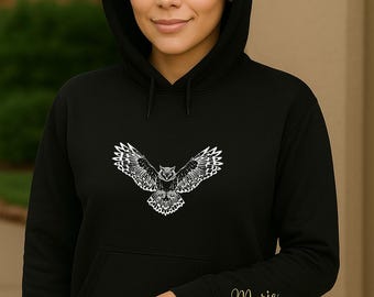 Unisex Owl Hoodie with Custom Name Embroidery – DTG Printed Hoodie for Men & Women – Personalized Animal Hoodie – Nature Gift Idea"