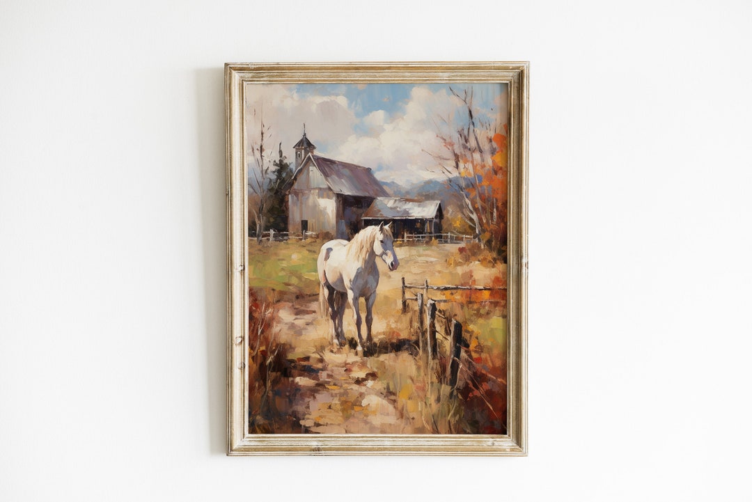 Horse &amp; Barn Wall Art Printable | Oil Painting | Farmhouse Vintage Art ...