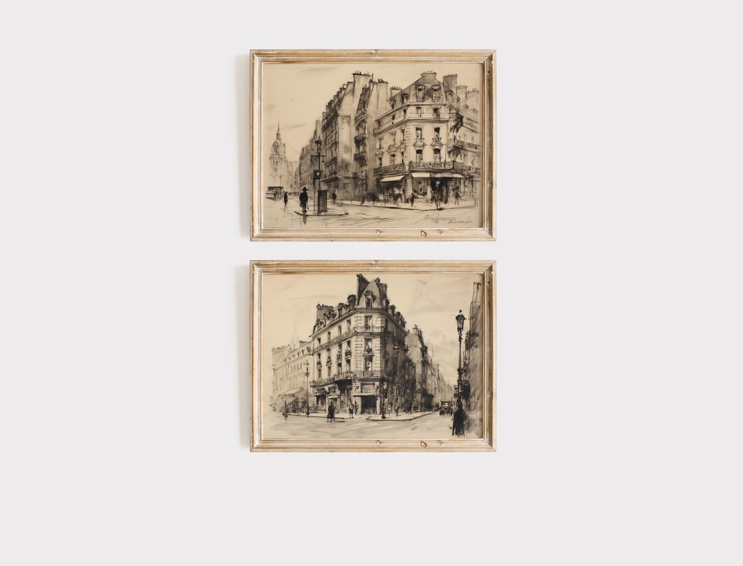 Vintage Paris Wall Art Set Antique Paris Black White Painting Pencil Sketch Style Antique Wall