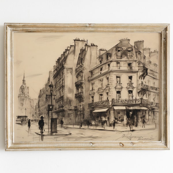 Antique Paris street corner wall art | vintage print Paris DOWNLOADABLE art | pencil sketch of French building wall art | Hartfelt Prints