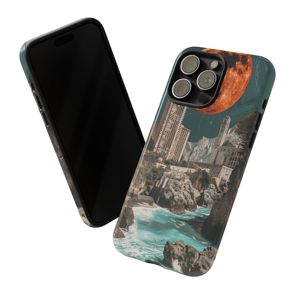 Collage Ocean View Tough Phone Case for iPhones 8-15, Samsung S10-S24, Pixel 5-8, Collage Art, Orange Accents, Ocean Art