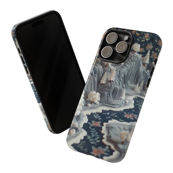 Winter Wonder 3D Tough Phone Case for iPhones 8-15, Samsung S10-S24, Pixel 5-8, Cute Phone Case, Snow Wonderland