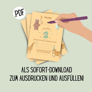 Verjaardagsuitnodiging voor kinderverjaardagsfeestje. Themafeest: Safari dierentuindieren. PDF om af te drukken en in te vullen. 2e tot 5e verjaardag in A5