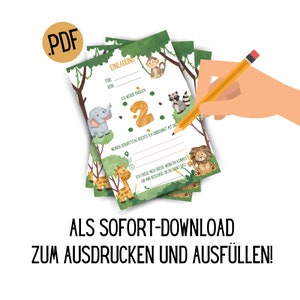 Invitation d'anniversaire pour la fête d'anniversaire des enfants. Soirée à thème : jungle. PDF à imprimer et à remplir. 2ème au 5ème anniversaire en A5