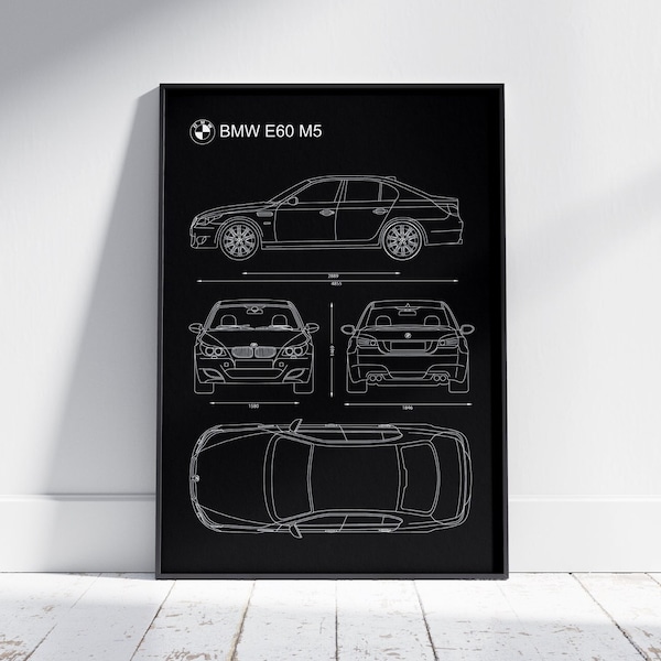 BMW E60 M5 Blueprint poster.  Resizable. Instant Download. Modern Minimalistic Automotive art. Gift for him