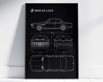 BMW E9 Blueprint Poster: Minimalist Automotive Art (Digital Download)