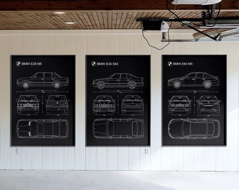 BMW 5-Series Blueprint Poster Set: E28 E34 E60 Minimalist Automotive Art (Instant Download)