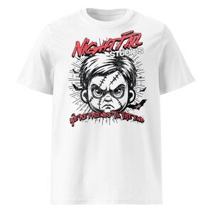 May include: White t-shirt with a black and white illustration of a stitched-up cartoon character with the text "Nightfall Studios" and "We're friends til the end" in red.