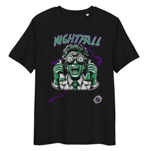 May include: Black t-shirt with a green cartoon scientist wearing goggles and holding beakers. The text "NIGHTFALL" is above the scientist.
