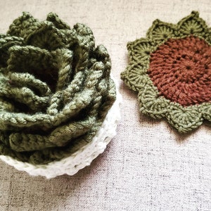 May include: Two crocheted succulent plants in green and brown. The larger succulent is in a white crocheted pot. The smaller succulent is a flat, circular design.