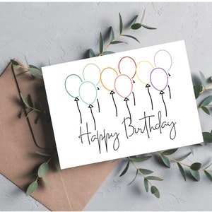 7x5 Simplistic Happy Birthday Card with Different Color Balloons and Cursive Font, Digital Download Only