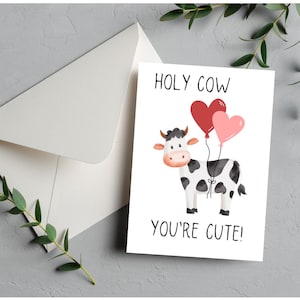 5 x 7 minimalistische heilige koe You're Cute-kaart met schattige koe- en hartballonnen, twee versies: witte en roze kaart, alleen digitale download
