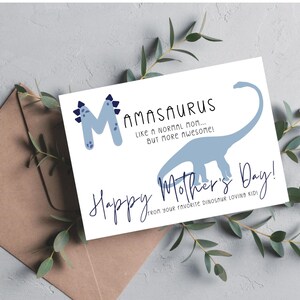 Carte de fête des mères Mamasaurus 7 x 5 avec lettre dinosaure et dinosaure au long cou, deux couleurs disponibles - bleu et violet, téléchargement numérique uniquement