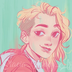 Peut inclure: Portrait num&eacute;rique d'une personne aux cheveux blonds et une veste rouge. L'&oelig;uvre pr&eacute;sente une palette de couleurs douces avec des tons roses et p&ecirc;che, sur un fond turquoise. La signature de l'artiste est visible en bas &agrave; gauche.