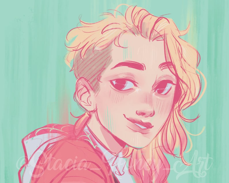Peut inclure: Portrait num&eacute;rique d'une personne aux cheveux blonds et une veste rouge. L'&oelig;uvre pr&eacute;sente une palette de couleurs douces avec des tons roses et p&ecirc;che, sur un fond turquoise. La signature de l'artiste est visible en bas &agrave; gauche.
