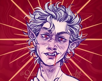 Puede incluir: Una ilustración digital de un vampir con cabello blanco y ojos rojos. El vampir tiene un diente puntiagudo y le gotea sangre de la boca. El fondo es de color rojo y dorado con un patrón de estrella.