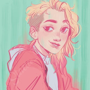 Peut inclure: Illustration num&eacute;rique d'une personne aux cheveux blonds et une veste rouge. La personne a un c&ocirc;t&eacute; ras&eacute; et une expression souriante. Le fond est de couleur vert clair.