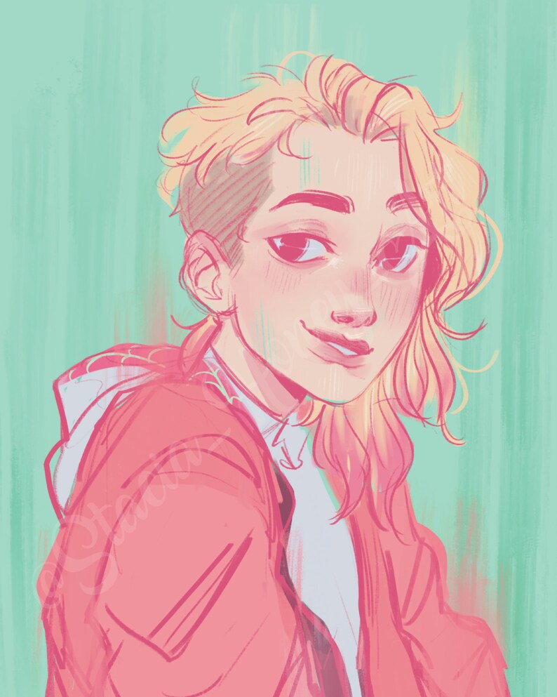 Peut inclure: Illustration num&eacute;rique d'une personne aux cheveux blonds et une veste rouge. La personne a un c&ocirc;t&eacute; ras&eacute; et une expression souriante. Le fond est de couleur vert clair.