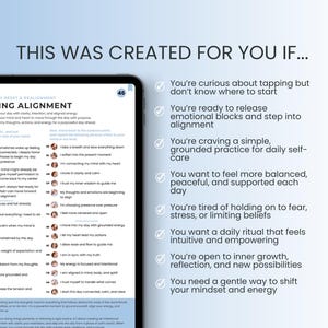 May include: A blue and white checklist with a title "This was created for you if..." and a list of checkboxes with statements about tapping, releasing emotional blocks, daily self-care, feeling balanced, and shifting mindset and energy.