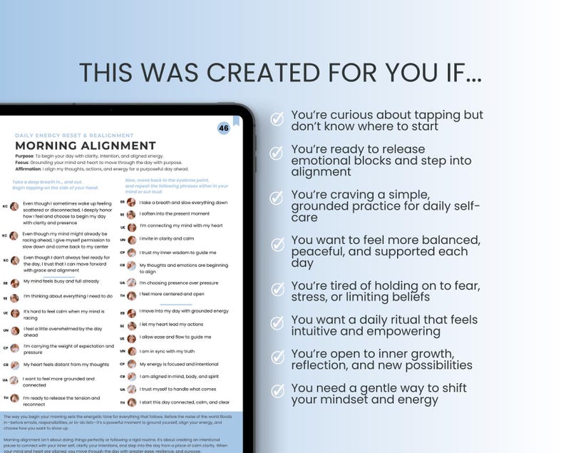 May include: A blue and white checklist with a title "This was created for you if..." and a list of checkboxes with statements about tapping, releasing emotional blocks, daily self-care, feeling balanced, and shifting mindset and energy.
