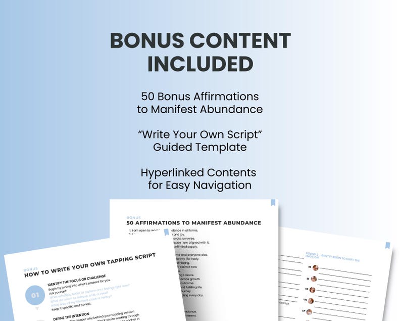 May include: A digital download of a guide to writing your own tapping script, with a section titled "Identify the Focus or Challenge" and a section titled "Define the Intention". The guide includes 50 affirmations to manifest abundance.