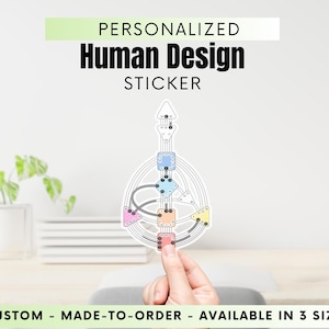 May include: A personalized Human Design chart sticker. The chart is a complex diagram with lines and circles, and is printed in various colors, including pink, blue, yellow, and orange. The sticker is available in three sizes.