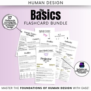 Tarjetas didácticas de Diseño Humano: Conjunto de fundamentos, tipos de energía, estrategia, autoridad, centros, perfiles, plantilla, guía de estudio digital, carta natal