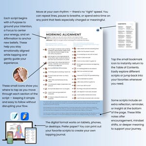 May include: A colorful digital guide with the title "Morning Alignment" and a table of contents. The guide includes small icons to tap through each section of the script. The guide is designed to help you stay emotionally aligned while tapping and gently guide your experience.