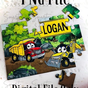 Design digitale per camion da costruzione per bambini, design digitale PNG, design per puzzle per bambini PNG, design per sublimazione di camion per bambini, nome personalizzato per puzzle