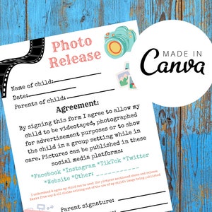 Photo release for daycare, preschool, babysitting or school function.