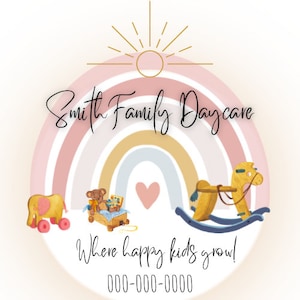 Childcare Boho rainbow Logo Great for Preschool. Rainbow logo design, School logo design, Boho Rainbow, rocking horse and toys logo.