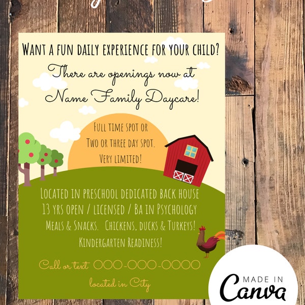 Farm style flyer for childcare, preschool or babysitting!