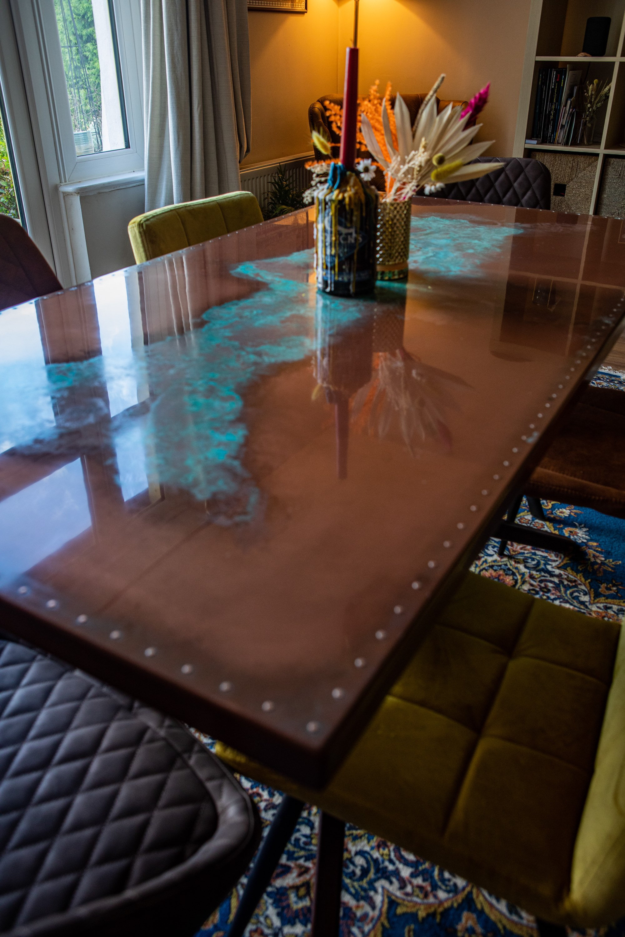 Copper Dining Table With Green Patina and Aged Steel Base