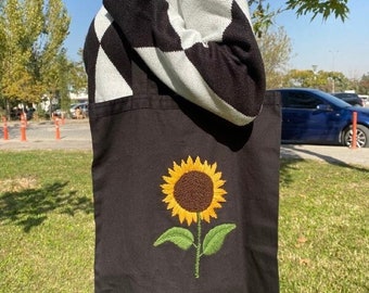 Personalized Punch Needle Tote Bag, Sunflower Tufted Tote Bag, Canvas Cloth Bag, Women's Handmade Tote Bag, Handmade Tote Bag