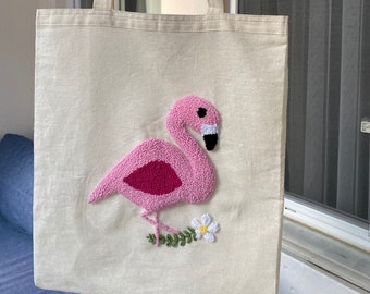 Flamingo Punch Needle Embroidery Tote Bag, Punch Needle Tote Bag, Flamingo Tote Bag, Handmade Punch Bag, Tufted Tote Bag, Handmade